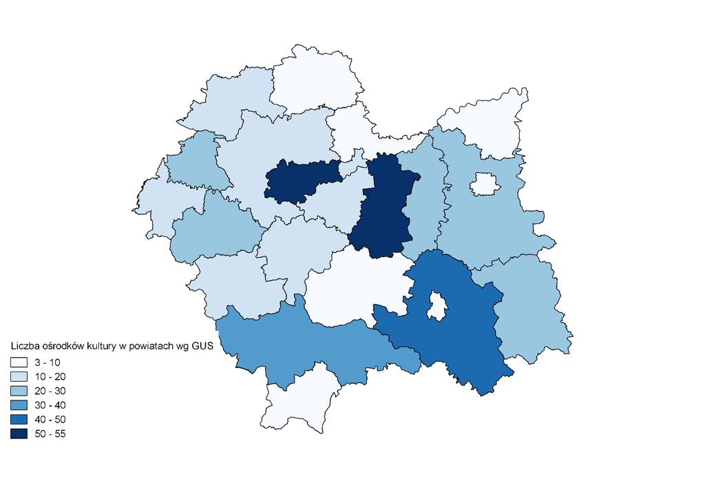 Mapa 1. Liczba obiektów kultury w powiatach w województwie małopolskim w 2015 r.