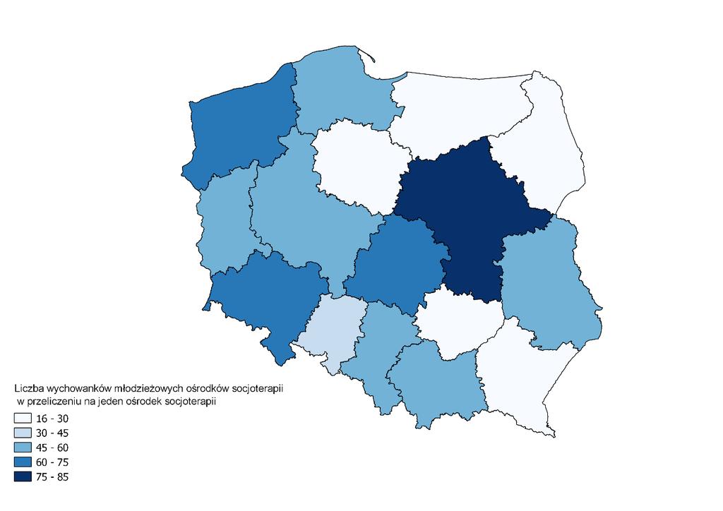 Mapa 2. Liczba wychowanków młodzieżowych ośrodków socjoterapii w przeliczeniu na jeden ośrodek socjoterapii w 2015 r.