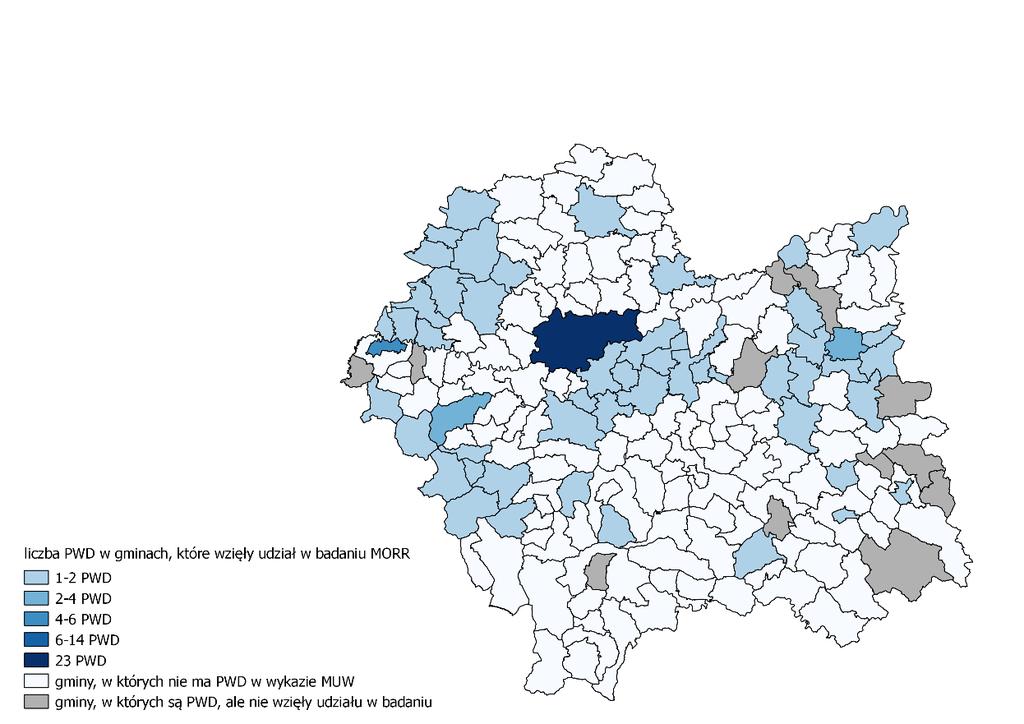 PODSTAWOWE INFORMACJE NA TEMAT BADANYCH PLACÓWEK WSPARCIA DZIENNEGO Rozmieszczenie terytorialne W badaniu MORR wzięło udział 89 PWD z 20 powiatów i 51 gmin, natomiast ankiety nie wypełniły w sumie 2