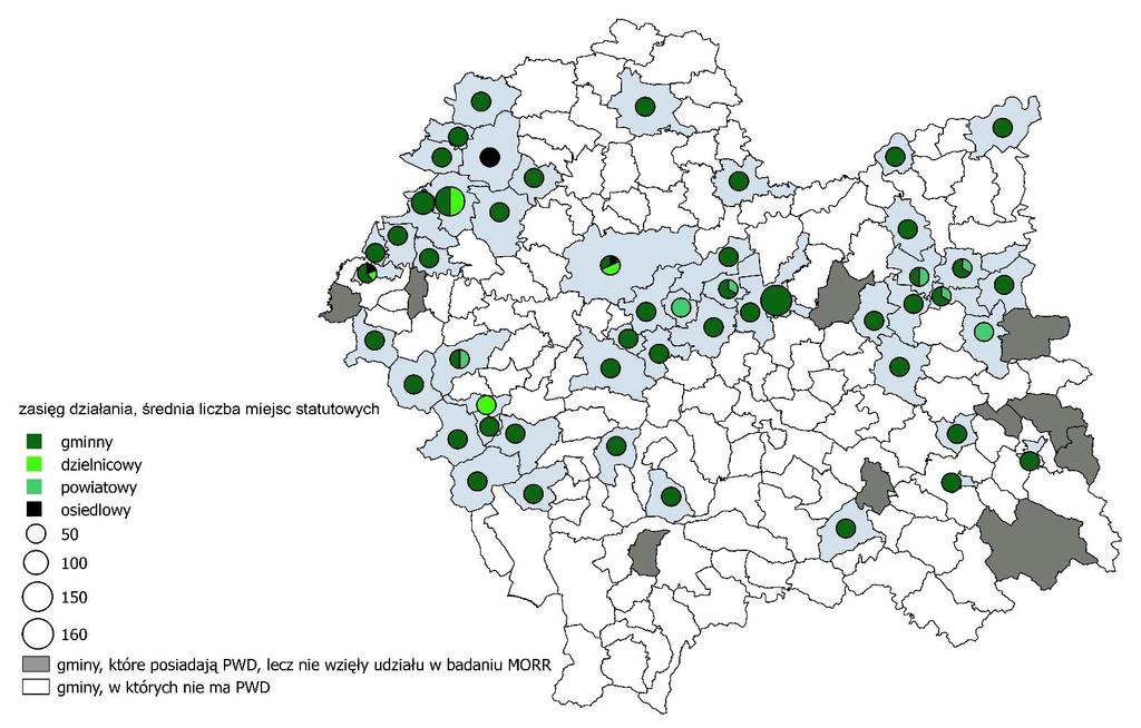 Mapa 5. Rozmieszczenie przestrzenne małopolskich PWD wg zasięgu działania oraz liczby miejsc statutowych w 2015 r.