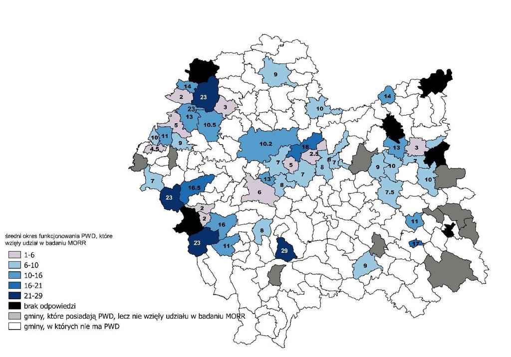 istnienia PWD wahała się w granicach 16-18 lat. Tylko w czterech gminach PWD funkcjonowały średnio dłużej niż 20 lat (gminy: Olkusz, Andrychów, Lipnica Wielka oraz Kamienica). Mapa 6.