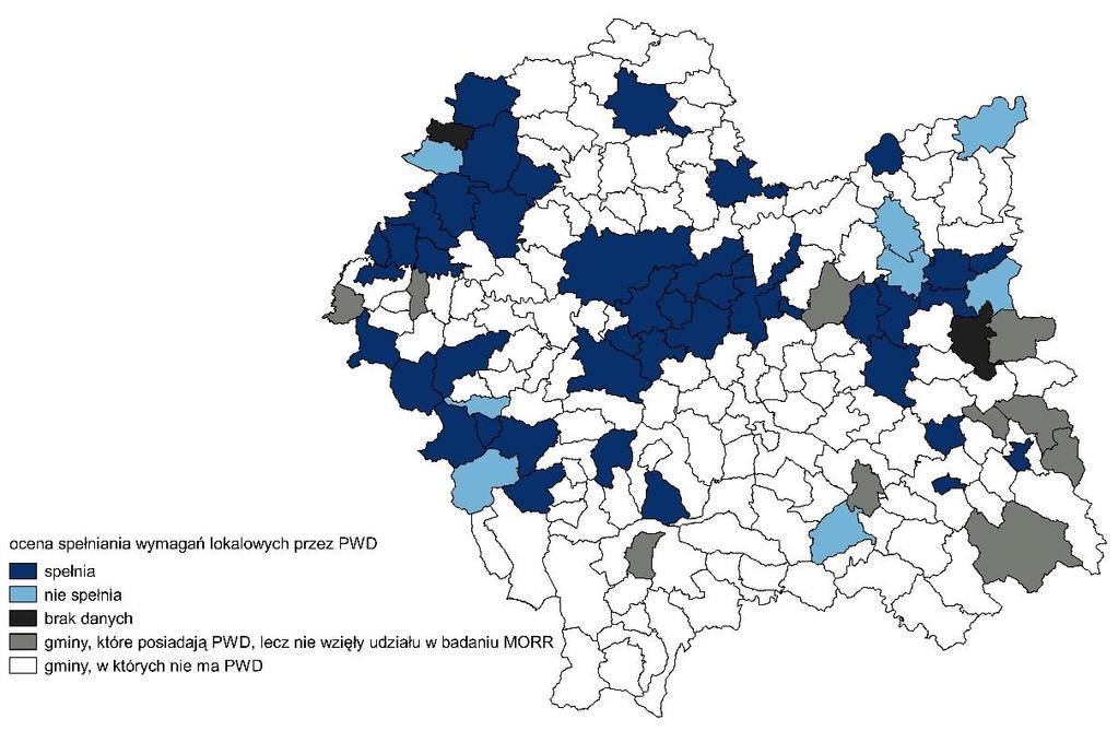 Mapa 7. Spełnianie wymagań lokalowych i sanitarnych, określonych w rozporządzeniu Ministra MPiPS przez badane PWD w 2015 r.