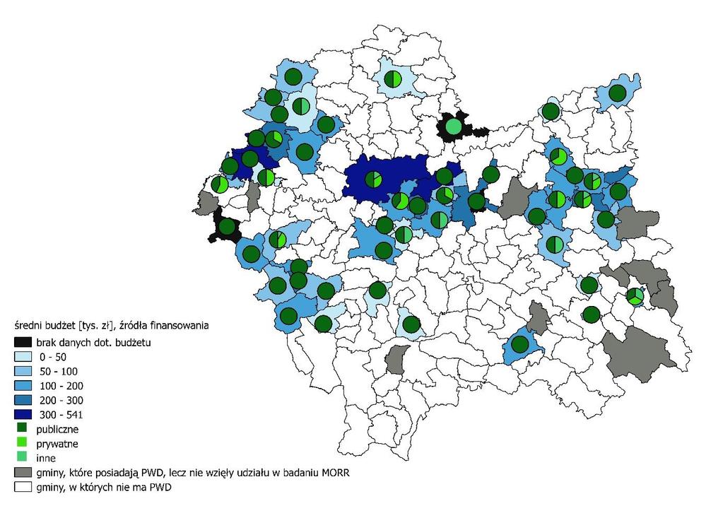 Mapa 9. Przestrzenna prezentacja średniego budżetu małopolskich PWD oraz głównych źródeł finansowania w 2015 r.