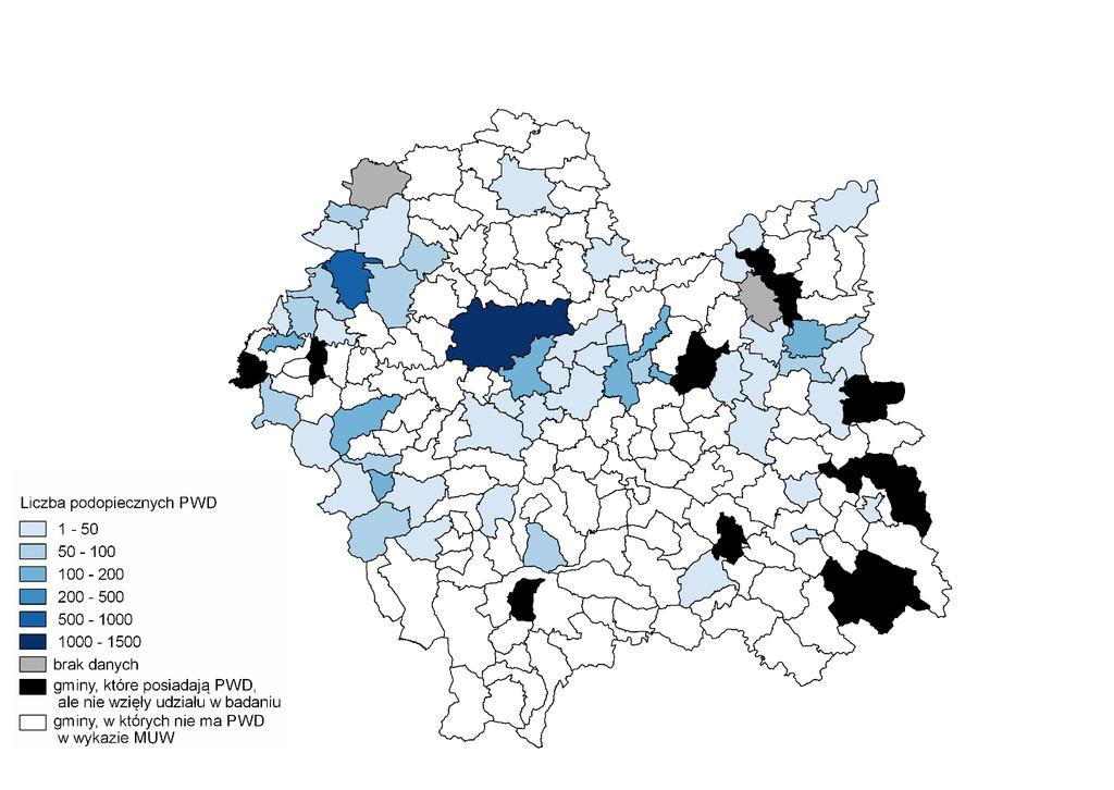 Mapa 11. Rozmieszczenie terytorialne podopiecznych badanych PWD w 2015 r.
