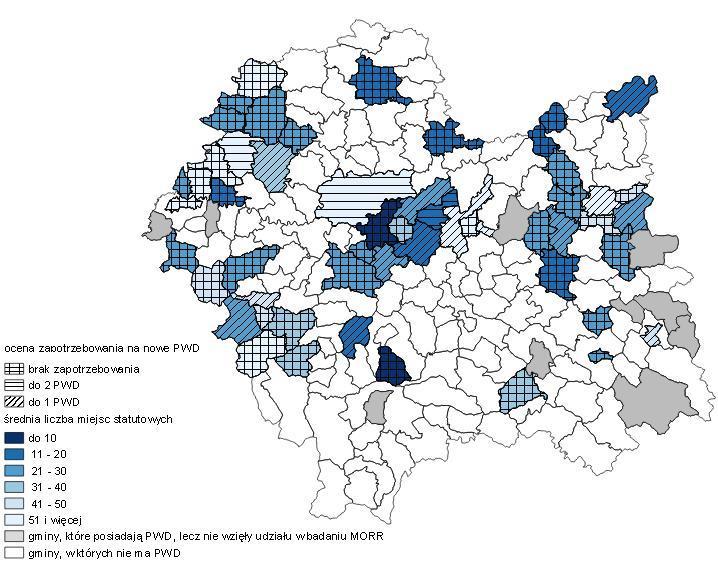 Mapa 14. Zapotrzebowanie na PWD w małopolskich gminach w korelacji ze średnią liczbą miejsc statutowych w 2015 r.