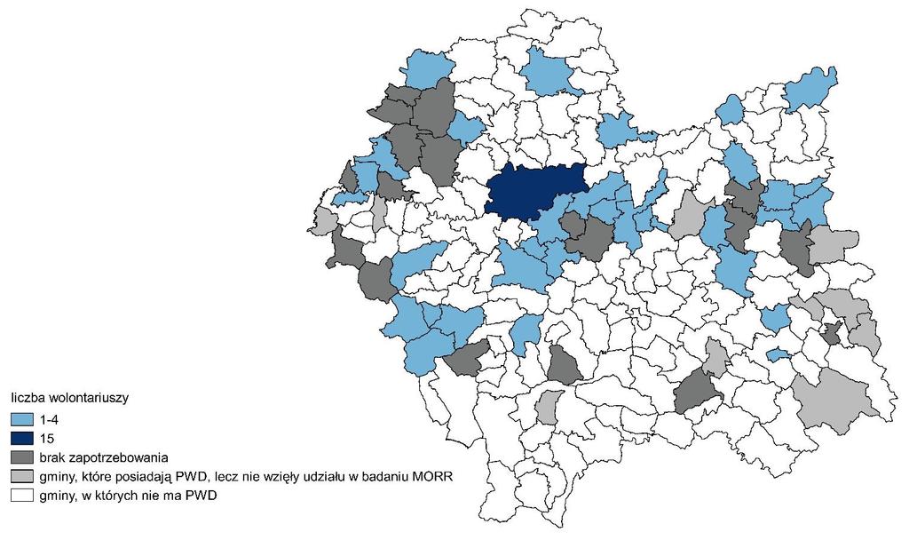 N = 89 PWD Brak danych = 1 PWD Ponad połowa małopolskich placówek (55,1%) korzystała z pomocy wolontariuszy (w sumie 179 pracowników). Stanowili oni ponad 25,0% personelu wszystkich ankietowanych PWD.