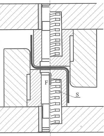 Rys. 4.22. Schemat wyginaka z dociskaczami (sprężyna S), pełniącymi rolę stempli gnących [45] 4. Gięcie W efekcie zaginana część blachy przyjmuje kształt rurki. Na rys. 4.23 porównano dwa procesy zwijania (swobodne oraz na trzpieniu) pasa blachy o wymiarach początkowych 3x50x50 mm.