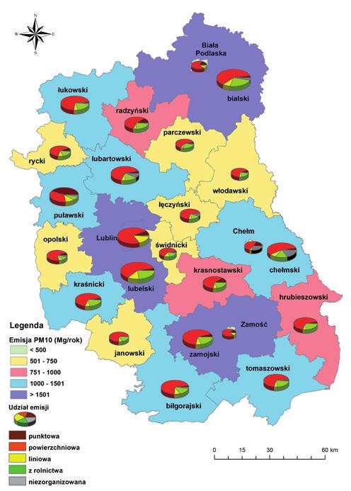 RAPORT O STANIE ŚRODOWISKA WOJEWÓDZTWA LUBELSKIEGO W 216 ROKU Suma pyłu PM1 ze wszystkich źródeł emisji z terenu województwa lubelskiego w 216 roku wynosiła 25 224,1 Mg (8,1% wszystkich