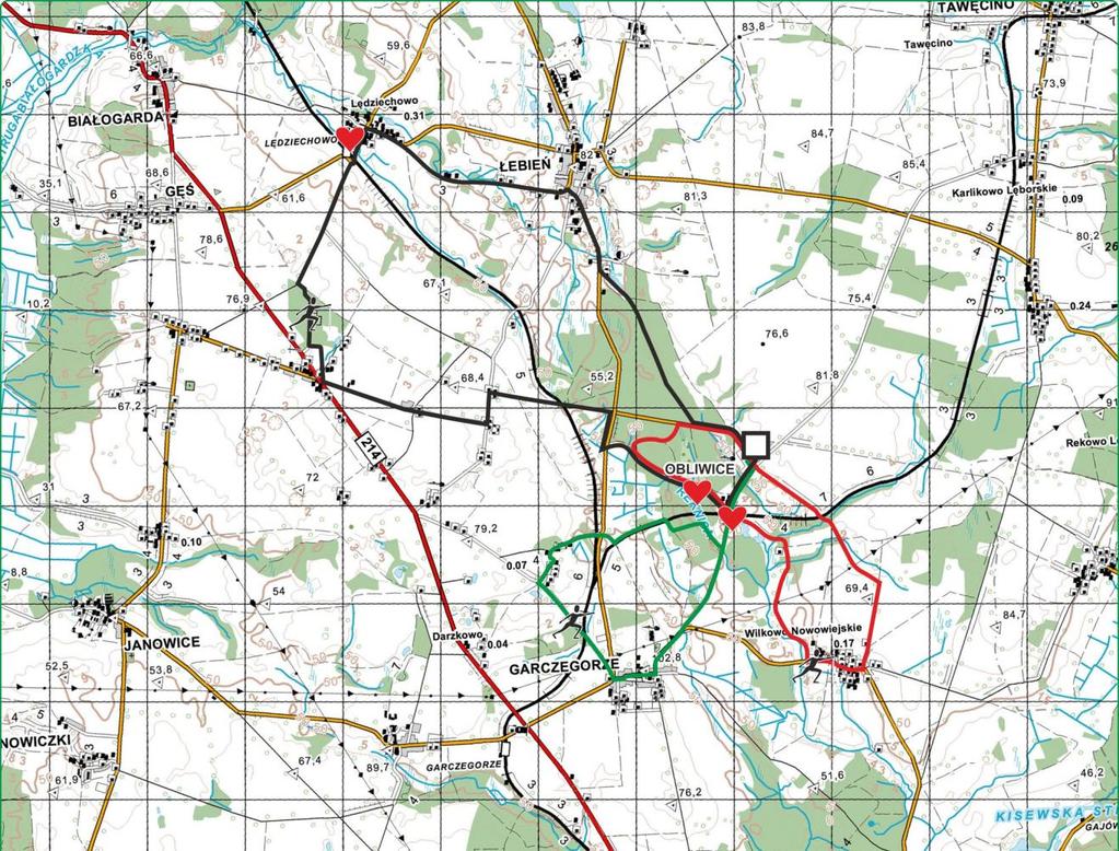 Schemat przebiegu tras w Parku Nordic Walking 1. Trasa zielona ma długość ok. 7,7 km; czas przejścia ok. 1 godz. 20min.