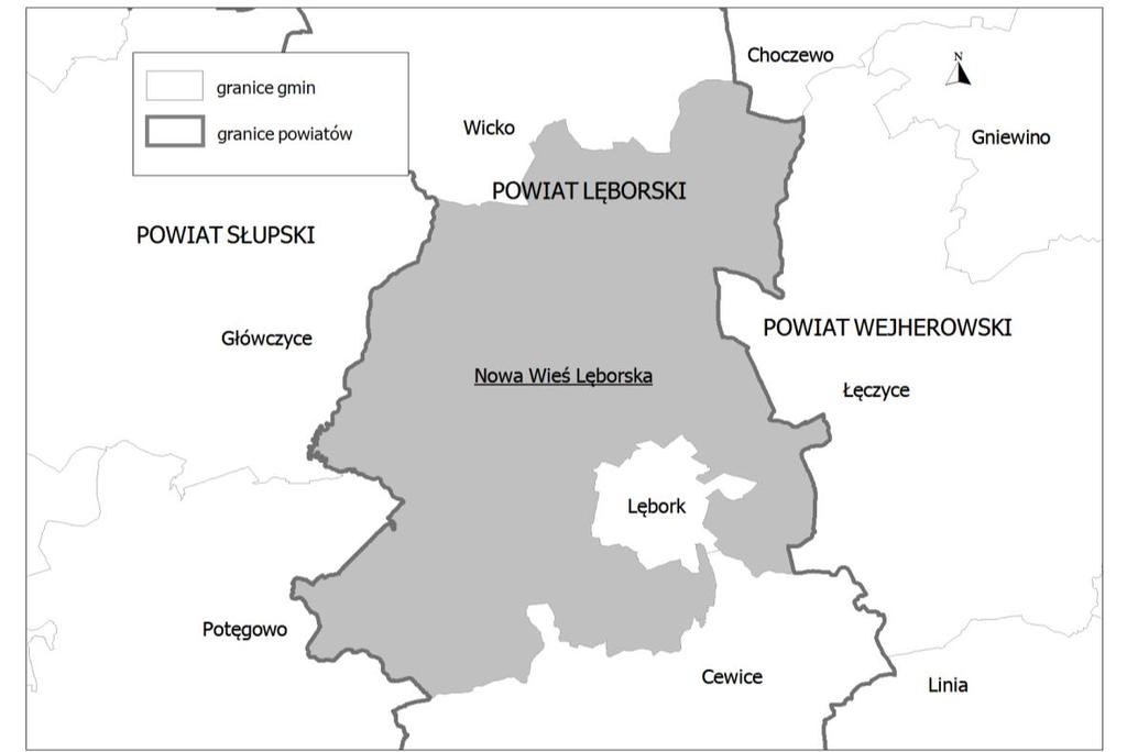 CZĘŚĆ I: ANALIZA ZMIAN W ZAGOSPODAROWANIU PRZESTRZENNYM GMINY 1. Ogólna charakterystyka gminy Nowa Wieś Lęborska Gmina Nowa Wieś Lęborska leży w na terenie powiatu lęborskiego.