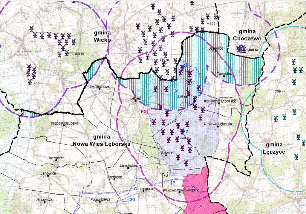 W strefie od projektowanych elektrowni wiatrowych wynoszącej co najmniej 10-krotność ich wysokości całkowitej, (wysokość elektrowni jest ustalona w obowiązujących miejscowych planach