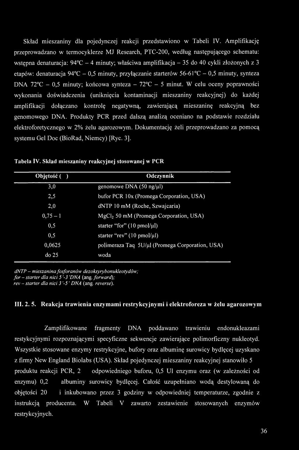 denaturacja 94 C - 0,5 minuty, przyłączanie starterów 56-61 C - 0,5 minuty, synteza DNA 72 C - 0,5 minuty; końcowa synteza - 72 C - 5 minut.