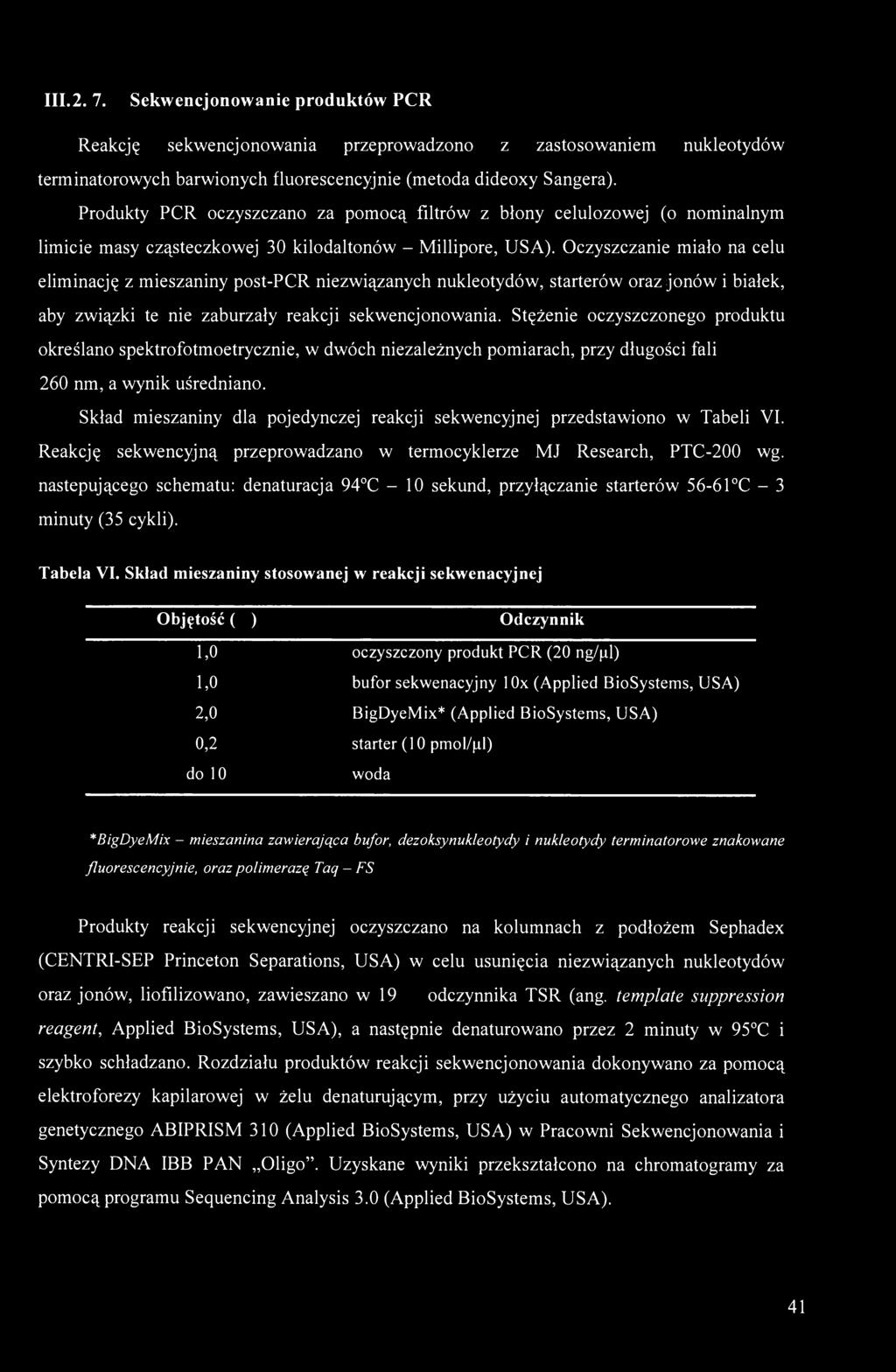 Oczyszczanie miało na celu eliminację z mieszaniny post-pcr niezwiązanych nukleotydów, starterów oraz jonów i białek, aby związki te nie zaburzały reakcji sekwencjonowania.