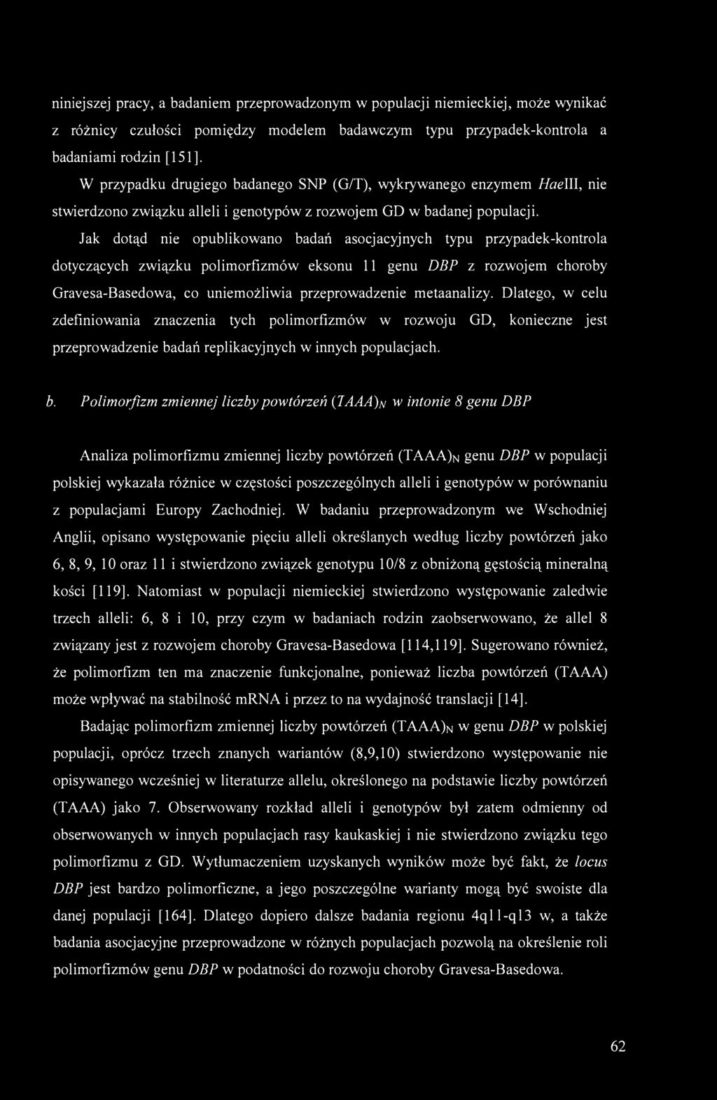 Jak dotąd nie opublikowano badań asocjacyjnych typu przypadek-kontrola dotyczących związku polimorfizmów eksonu 11 genu DBP z rozwojem choroby Gravesa-Basedowa, co uniemożliwia przeprowadzenie