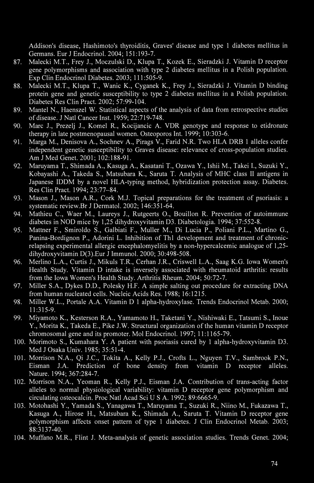 , Wanic K., Cyganek K., Frey J., Sieradzki J. Vitamin D binding protein gene and genetic susceptibility to type 2 diabetes mellitus in a Polish population. Diabetes Res Clin Pract. 2002; 57:99-104.