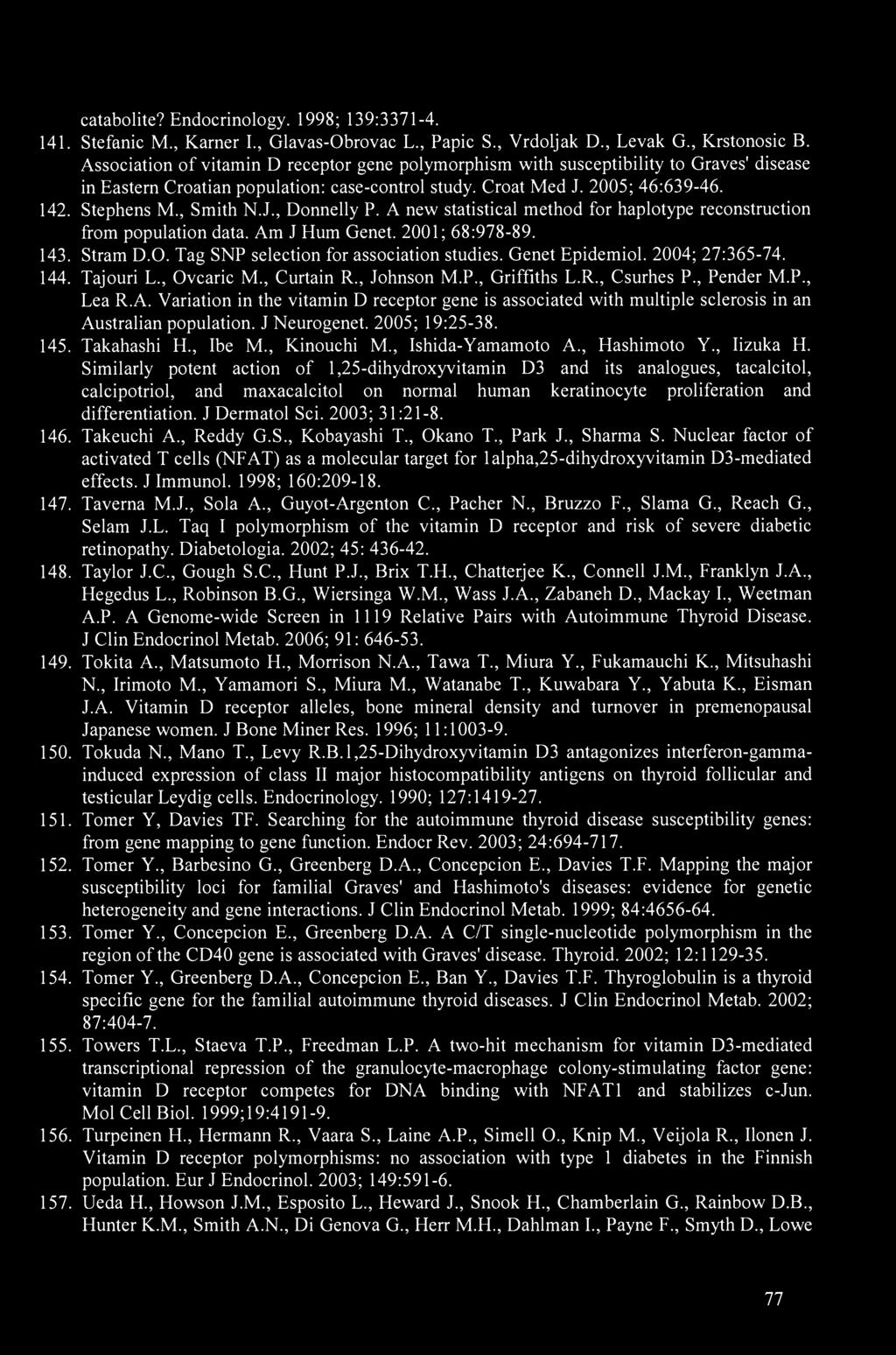 J., Donnelly P. A new statistical method for haplotype reconstruction from population data. Am J Hum Genet. 2001; 68:978-89. 143. Stram D.O. Tag SNP selection for association studies. Genet Epidemiol.