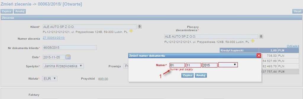 Rys. 123 Zlecenie po poprawnie zmienionym numerze W przypadku podania istniejącego już numeru zlecenia zostanie wyświetlony odpowiedni komunikat (Rys. 124, poz. 1). Rys.