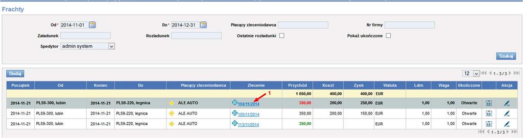 By utworzyć relację do zlecenia z listy frachtów należy wejść w pozycję Frachty (dokładnie opisane w pkt. 6.9).