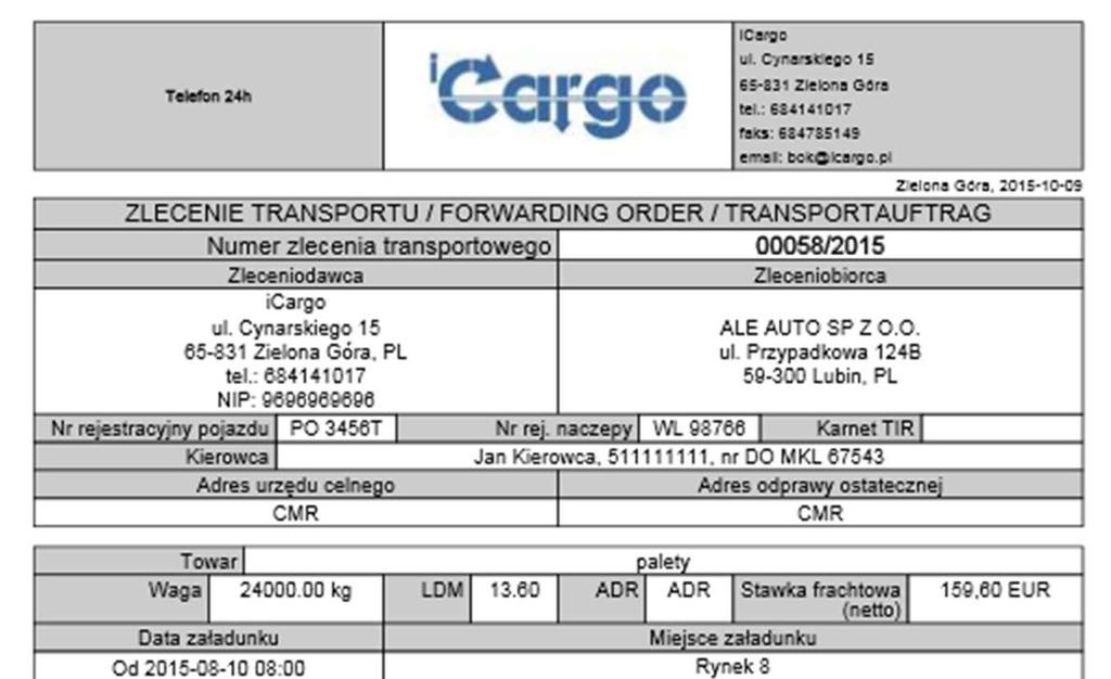 Rys. 146 Wydruk relacji w języku polskim Wysyłanie relacji e-mail Bezpośrednio z icargo można wysłać relację (zlecenie dla podwykonawcy) e-mailem pobranym automatycznie, dla kontrahenta w relacji, z