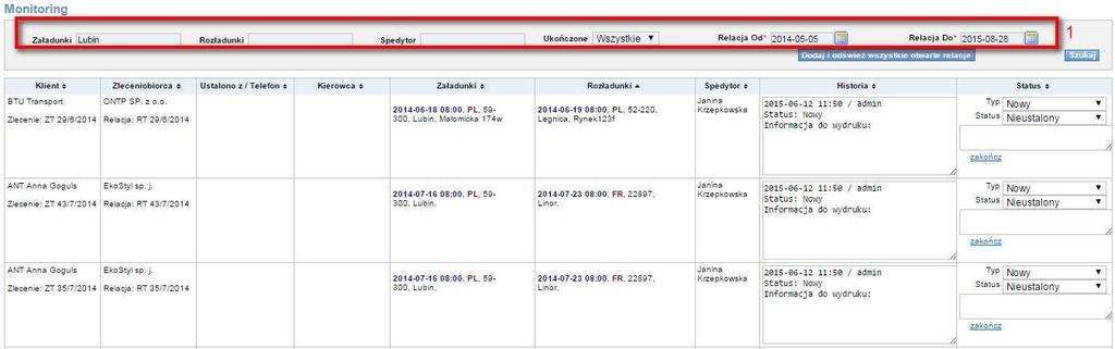 i nieukończone relacje), Tak (wyświetlone ukończone relacje), Nie (wyświetlone nieukończone relacje), Relacja od Relacja do wybieramy z kalendarzy zakres dat Na poniższym Rys.