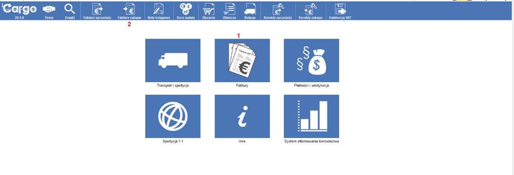 Faktury zakupu 7.3.1 Dodawanie faktur zakupu Faktury zakupu można wystawiać na dwa sposoby: 1. Za pomocą kreatora, do wprowadzonej relacji w Spedycji 1:1 opisane w pkt. 6.11.2.2 2.