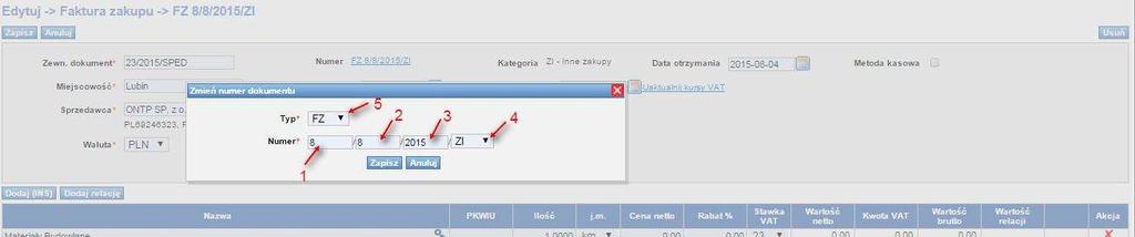 Uwaga! Aby usunąć fakturę zakupu należy najpierw sprawdzić, czy nie przypisano kosztów z niej na pojazdy własne. Jeśli tak, należy najpierw usunąć przypisane na pojazdy własne koszty (pkt. 7.2.3.2) 7.