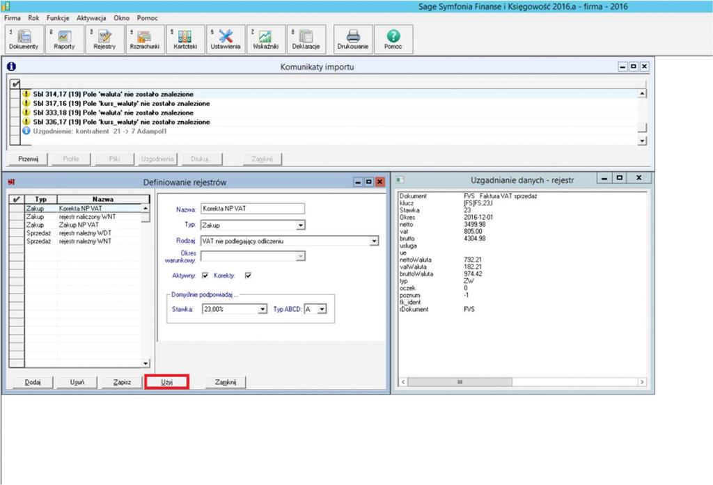 304 Dodanie nowego kontrahenta w Sage FK Po zapisaniu kontrahentów należy zdefiniować rejestry (w tym przypadku były to faktury sprzedaży, dlatego takie też