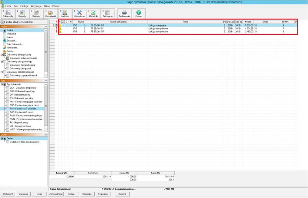 Rys. 306 Tryb podglądu firmy w Sage FK Następnie w liście dokumentów wybieramy interesujący nas typ (w tym przypadku był to FVS Faktura VAT sprzedaż) i tu można sprawdzić zaimportowane faktury. Rys.