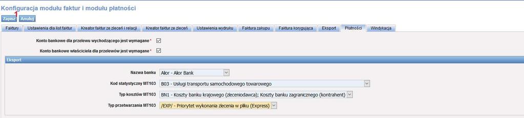 Rys. 332 Przykładowo zdefiniowane parametry eksportu przelewów Po wprowadzeniu danych zapisujemy je klikając przycisk [Zapisz] (Rys. 332, poz. 1). 11.5.