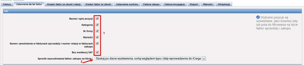 Rys. 427 Opcje Ustawienia dla list faktur Dla listy faktur zakupu Domyślnymi polami filtra dla faktur zakupu (Rys. 428) są pola: Od do Numer Typ Kontrahent Zapłacone Rys.