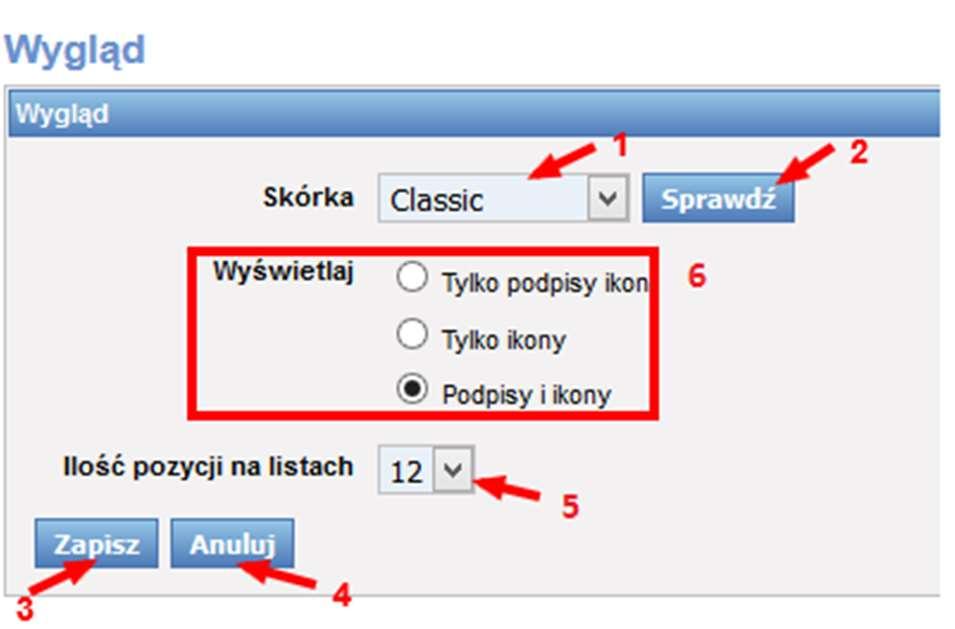 Rys. 9 Ustawianie Wyglądu interfejsu użytkownika Po wybraniu z listy [Skórka] (Rys. 9, poz. 1) jednej z dostępnych opcji, można sprawdzić wygląd, klikając przycisk [Sprawdź] (Rys. 9, poz. 2).