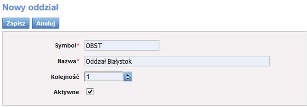 Rys. 58 Wprowadzanie nowego Oddziału Przykładowo wypełnione dane dla Oddziału przedstawiono na Rys.