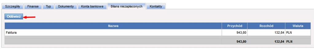 5.1.2.2.9 Bilans niezapłaconych W zakładce Bilans niezapłaconych (Rys. 86) można sprawdzić jaki jest bilans przychodów i rozchodów u danego kontrahenta.