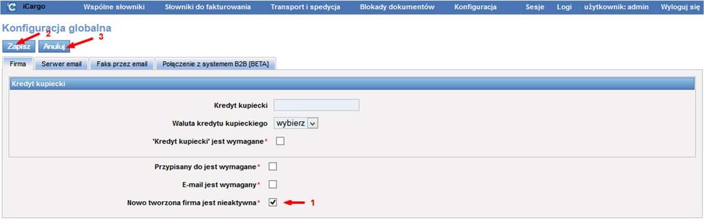 101 Otwarcie konfiguracji globalnej Po otwarciu formularza Konfiguracja globalna znakiem V w kwadraciku zaznaczamy parametr Nowo tworzona firma jest nieaktywna (Rys. 102, poz. 1). Rys.