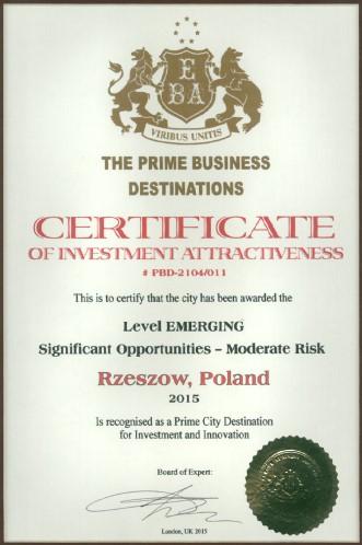 RZESZÓW ZDOBYWA MIĘDZYNARODOWE NAGRODY Najlepsze miejsce dla biznesu Rzeszów został odznaczony międzynarodowym certyfikatem (Najlepsze Miejsca dla Biznesu) i flagą atrakcyjności inwestycyjnej przez