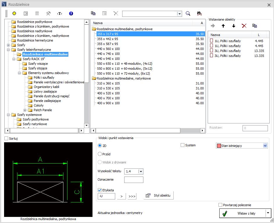 CADprofi Electrical zmiany w poleceniu Rozdzielnice Rozszerzenie funkcjonalności i zawartości polecenia: Możliwość wstawiania elementów z listy, dzięki czemu do rysunku można wstawiać jednocześnie