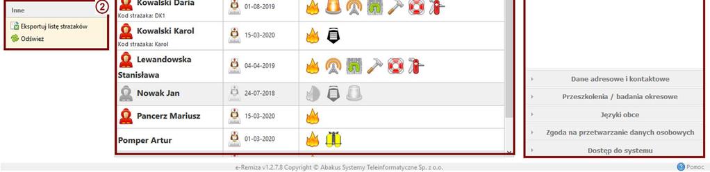 W której znajdują się funkcje generowania zestawienia strażaków i przycisk odśwież dla widoku listy strażaków. Strażacy. Lista Strażaków będących członkami OSP.