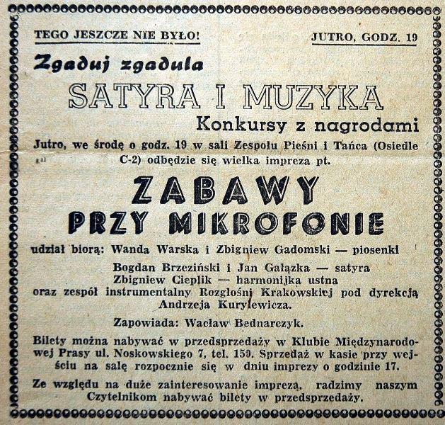Koncerty odbywały się także w Sali ZPiT, na poczcie, w TOS-ie, w szpitalu Żeromskiego, organizacją koncertów zajmował się pan Stanisław Florek. Wówczas był głód muzyki zachodniej.