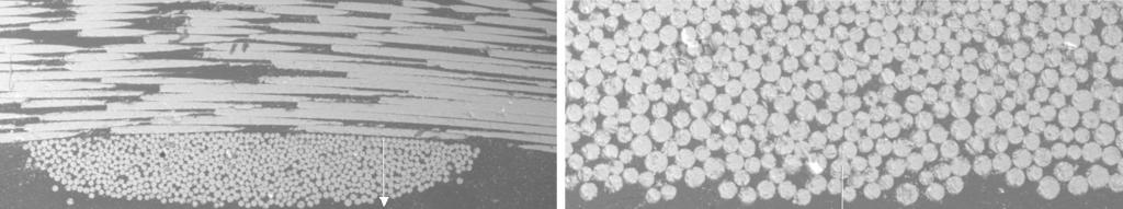 172 M. Kozioł, B. Hekner, J. Wieczorek Fig. 10. Gelcoat layer - main laminate structure border ( indicated with white arrow) at two different magnifications - 3D gelcoat laminate Rys. 10. Granica warstwa żelkotu - zasadnicza struktura laminatu (zaznaczona białą strzałką) przy dwóch różnych powiększeniach - laminat 3D - żelkot Fig.