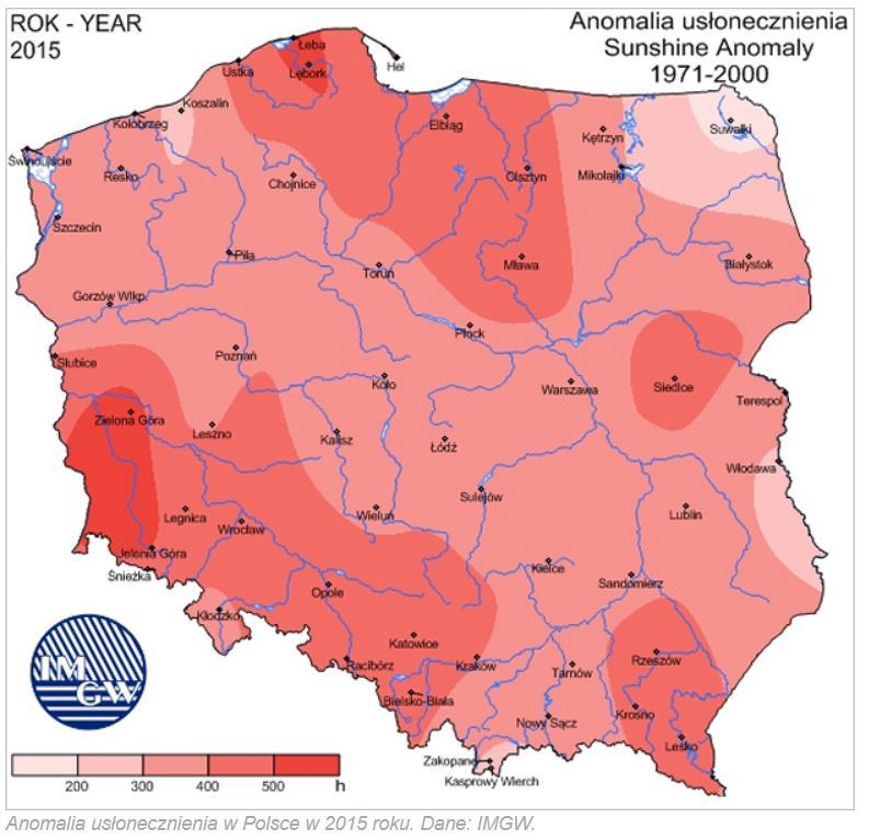 Wzrost usłonecznienia Największą nadwyżkę usłonecznienia miało w 2015 roku wschodnie Pomorze oraz zachodnie krańce Dolnego Śląska.
