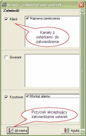 pole z listą powiązanych usterek, jeżeli opcja zaznaczenia jest nieaktywna a nazwa usterki wyszarzona oznacza iż usterka nie jest powiązana z czymkolwiek.