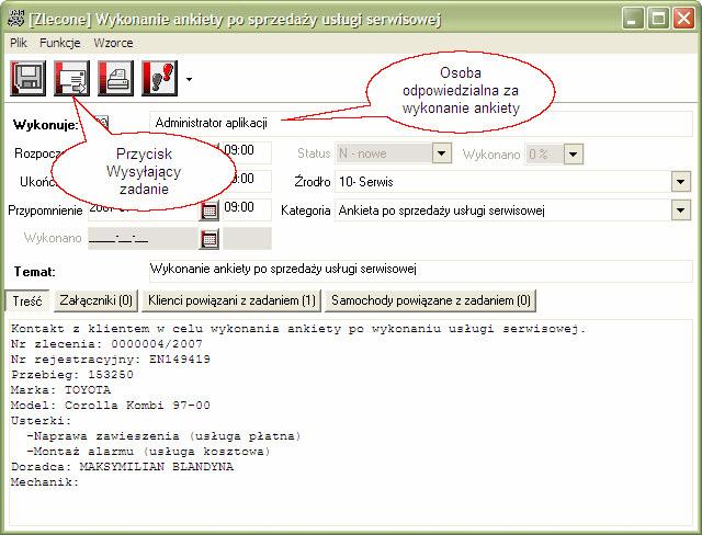Ekran 32 - Okno zlecenia zadania ankietowania po usłudze serwisowej.
