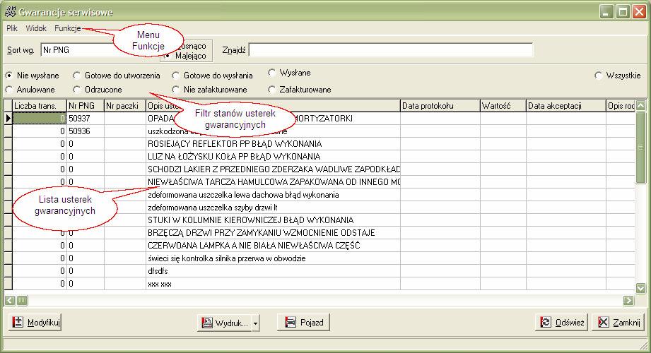 Zafakturowane pokazuje listę usterek które umieszczone były na fakturach gwarancyjnych. Ekran 40 - Okno główne modułu gwarancji serwisowych.