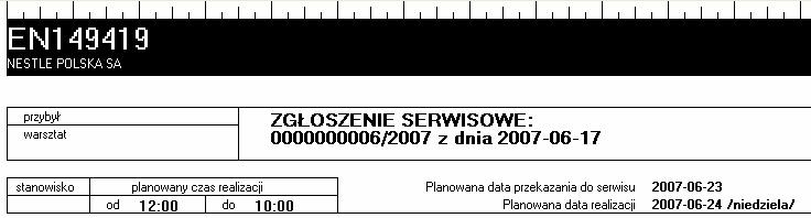 Ekran 10- Fragment wydruku zgłoszenia serwisowego. Rezerwację czasu w harmonogramie rozpoczynamy od wybrania przycisku Dodaj i wypełnienia kolejnych pól.