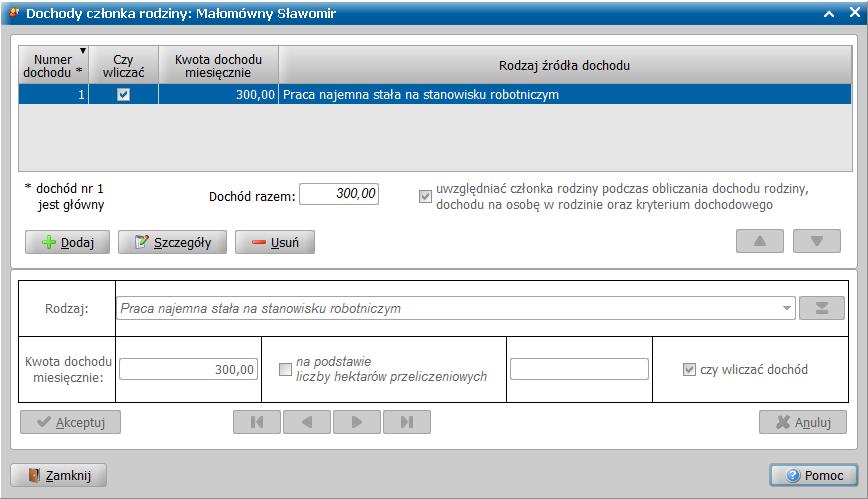 W celu podania dochodów członka rodziny, korzystamy z przycisku Szczegóły dochodów.