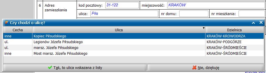 Po wpisaniu miejscowości, wystarczy wpisać co najmniej trzy literowy fragment nazwy ulicy, taki od którego zaczyna się dowolny wyraz z nazwy ulicy. Opuszczenie informacji z ulicą (np.