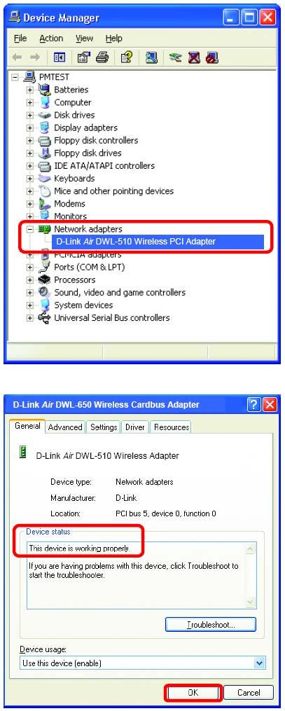 Rozwiązywanie problemów Kliknij dwukrotnie Karty sieciowe. Kliknij prawym przyciskiem myszy ikonę D-Link Air DWL-510 Wireless PCI Adapter.