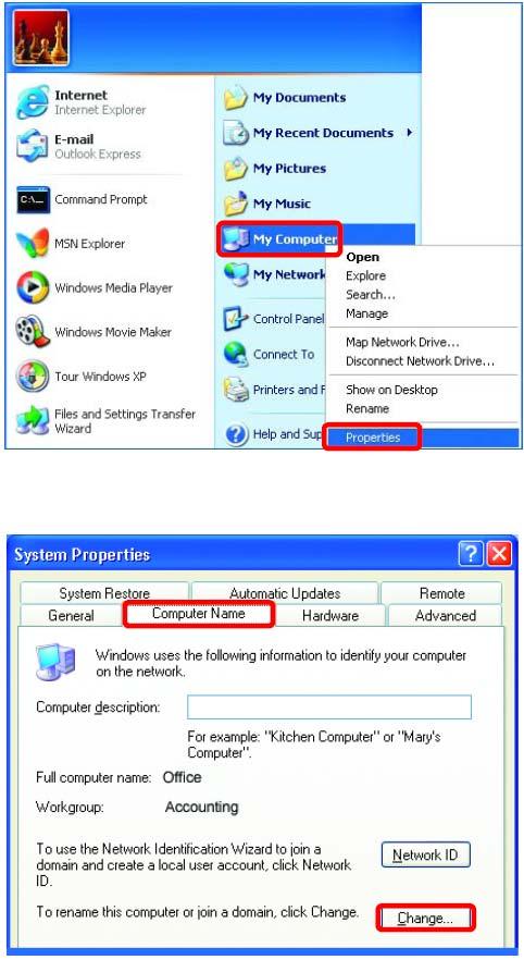 Nadawanie komputerowi nazwy Aby nadać komputerowi nazwę, wykonaj następujące czynności: W systemie Windows XP: Kliknij przycisk Start (w lewym dolnym rogu ekranu).
