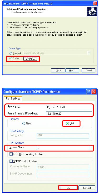 Na ekranie pokazanym obok wybierz opcję Niestandardowy. Kliknij Ustawienia. Wpisz Nazwę portu i Nazwę drukarki lub adres IP.