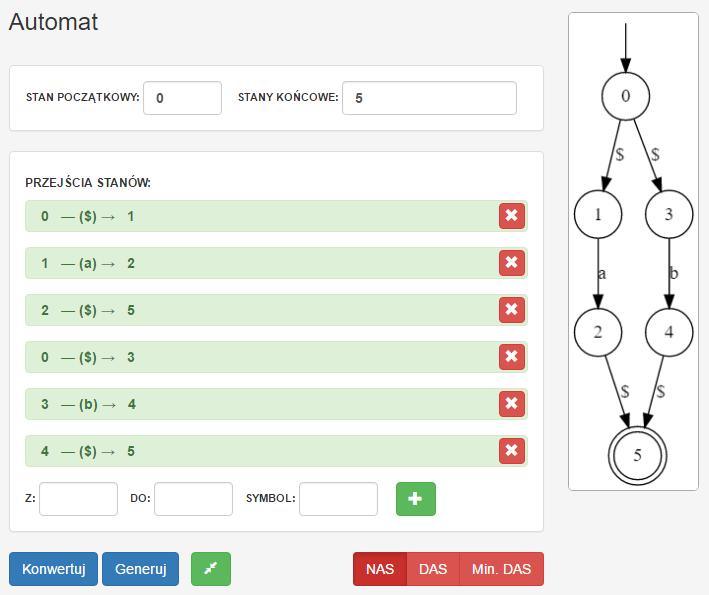 Automat W przypadku automatu wprowadzanie danych odbywa się podobnie jak w przypadku gramatyki. Również znajduje się lista tym razem stanów, które dodajemy za pomocą odpowiedniego formularza.